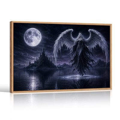 Femme ailée au-dessus d'un château sombre sous la pleine lune - Toile murale d'Halloween