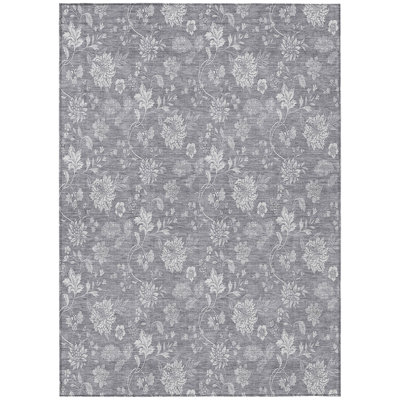 5' X 8' Silver Floral Washable Indoor Outdoor Area Rug