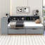 Lit plateforme simple en bois avec tablettes de rangement, tiroirs, station de charge et tête de lit tapissier, gris