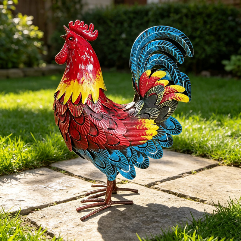 Sculpture de coq en métal de 40 cm de haut, statue de coq en fer forgé pour jardin, pelouse et ferme