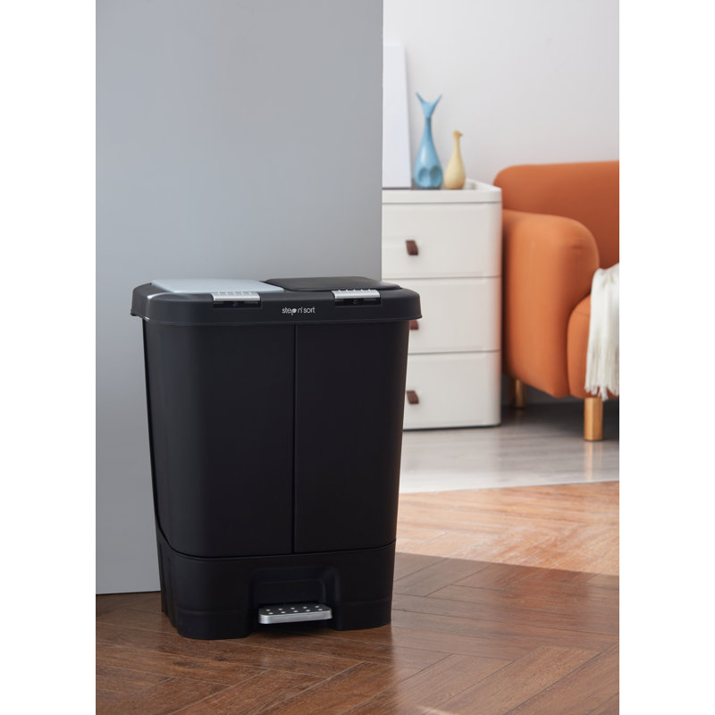 Black Dual Compartment Plastic Step Pedal Trash and Recycling Bin