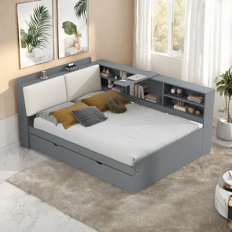 Daybed With Trundle, Storage Shelves, Upholstery Headboard And Rotatable Storage Board, Full/Double, Gray/Beige