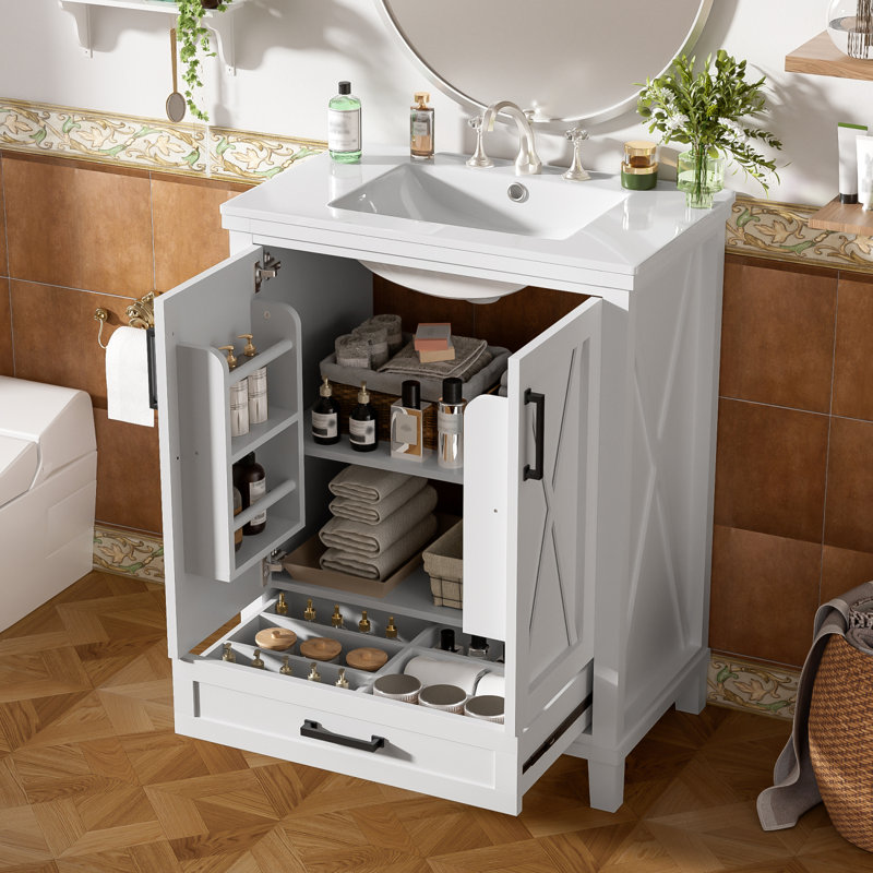 Meuble-lavabo de 24 po avec cadre en bois massif, portes à fermeture en douceur, grand espace de rangement, Blanc