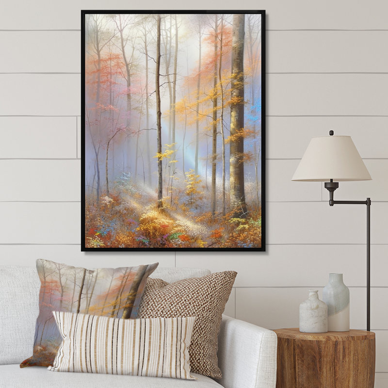 «Gentle Pastel Evening Glow Through Forest Trees», reproduction sur toile, H 32 po x l 16 po x P 1 po, Cadre flottant noir