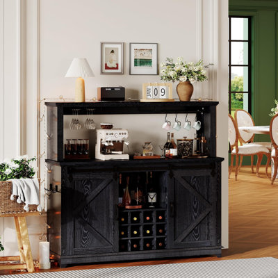 Armoire de bar haute avec porte pour grange coulissante avec porte-bouteilles et lumière DEL