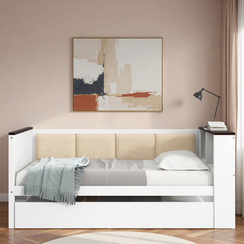 Lit de jour en bois avec tablettes de rangement, dossier rembourré et USB, Lit simple