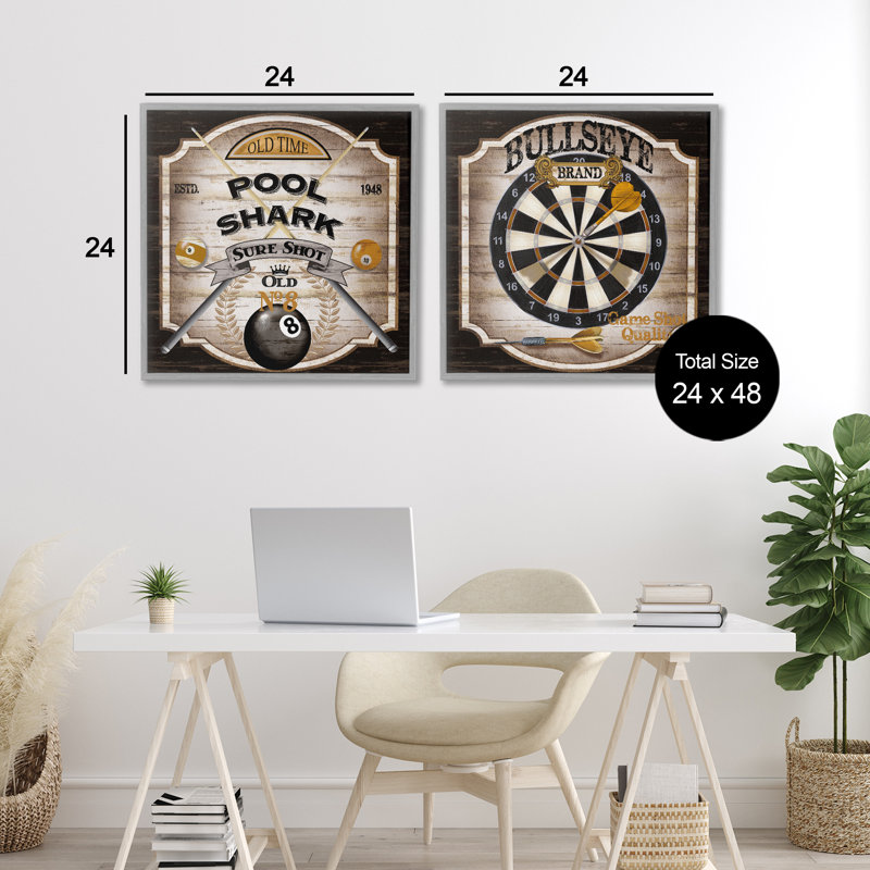 Ensemble de giclée encadrée 2 pièces pub Sports Pool & Darts, design par Conrad Knutsen, H 24 po x l 24 po