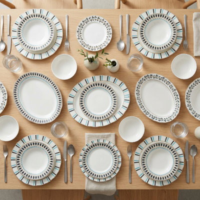Laurel Stripe Black, Turquoise & Gold Porcelain Dinnerware Set (62-Piece Service for 12)