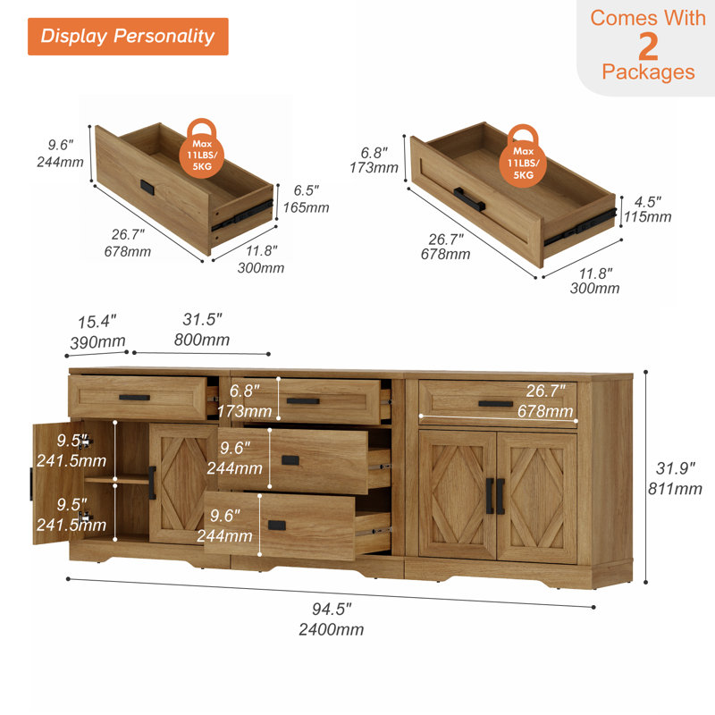 94.5"W Extra-Large Office Cabinet, 3-In-1 Farmhouse Storage Cabinet With 3 Drawers And Barn Door Compartment, Spacious Office Console With Media Shelves For Office, Bedroom,Walnut