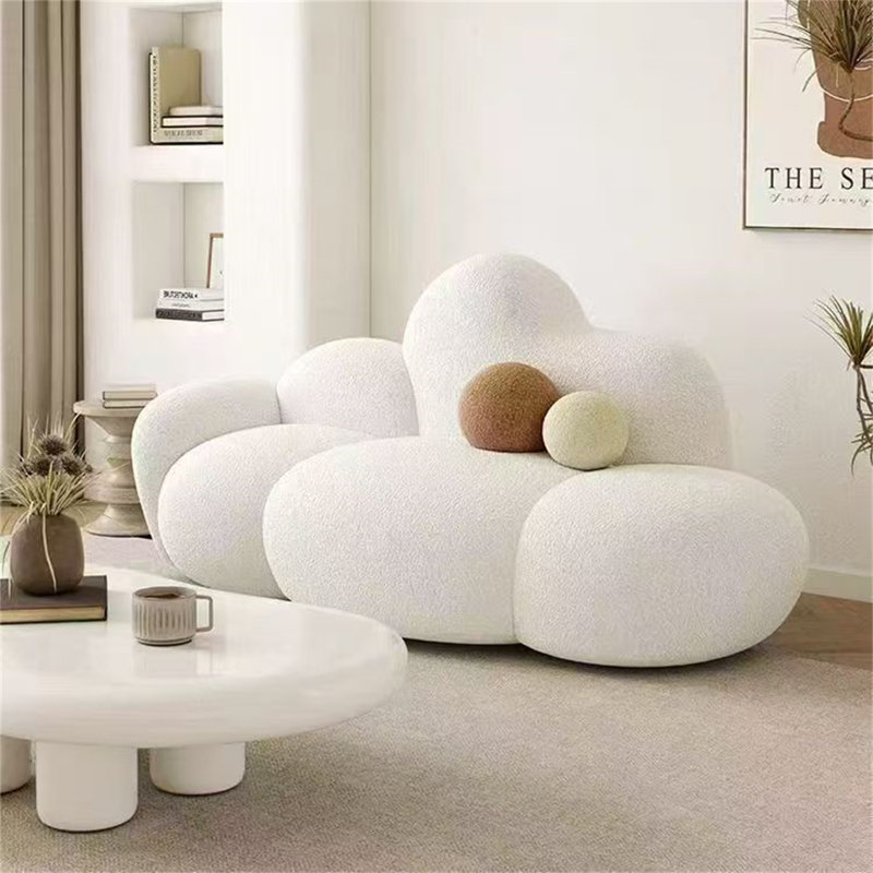 Modern Cream Cloud-Shape Sheepskin Fabric Sofa with Soft Cushions for Living Room, Bedroom or Boutique Lounge, White Velvet