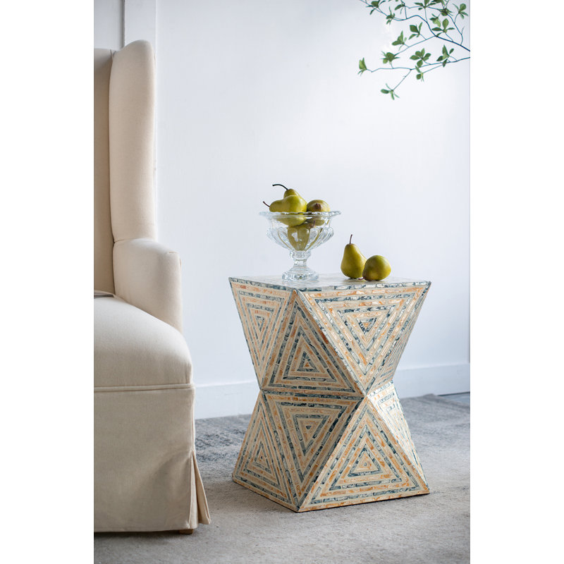 Geometric, Triangular Pattern Capiz Stool - Yellow, Blue Finish