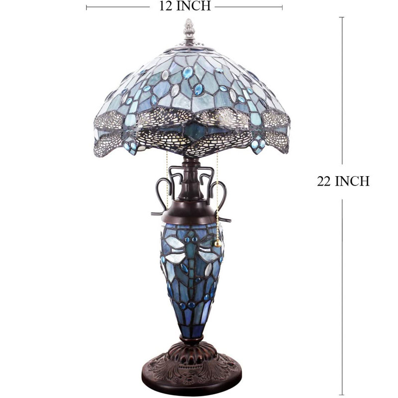 Ailee Tiffany Table Lamp Sea Blue Stained Glass Dragonfly Style 12X12X22 Inches Mother-Daughter