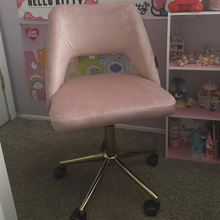 Mariario Hello Kitty Kawaii Swivel Vanity Chair for Makeup Room Adjustable Height Cute Desk Chair Rolling Isabelle & Max Body Fabric: Pink Velvet