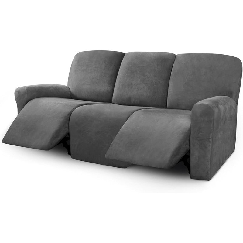 Velvet Recliner Sofa Cover Set – Dark Gray – 8-Piece Stretch Slipcover For 3-Cushion Reclining Sofas, Thick Soft Washable Furniture Protector