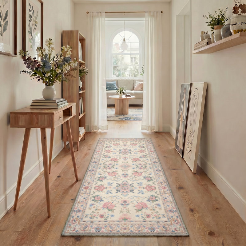 Allsop Vintage Floral Machine Washable Blush Rose / Beige Indoor Area Rug With Non-Slip Backing, Runner 2'6" x 8'