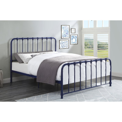 Lit plateforme en métal pour chambre à coucher (taille standard), avec revêtement bleu, pour une ambiance élégante.