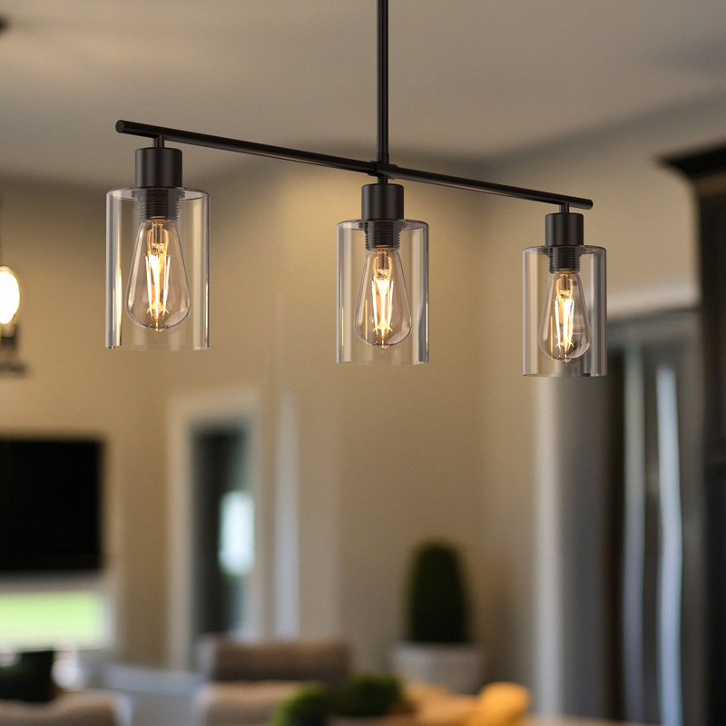 Luminaire suspendu pour îlot de cuisine industriel à 3 lumières avec abat-jour en verre transparent de 4 po Alorie, Noir mat