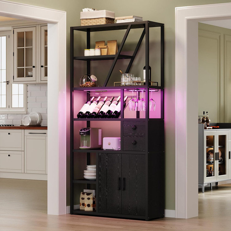 Wine Bar Cabinet with LED Lights & Power Outlets - Coffee Bar Station with Wine Rack for Kitchen Living Room, Black