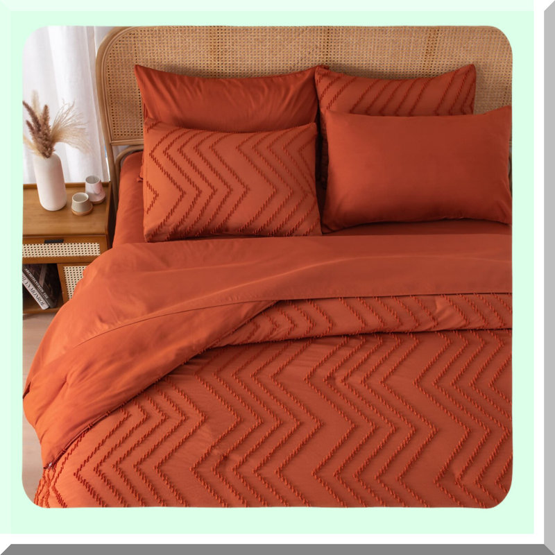 Terracotta Rust Boho Queen Bedding Ensemble - 7 Piece Set with Comforter, Sheets, Pillowcases & Shams - Lightweight Complete Bed in a Bag