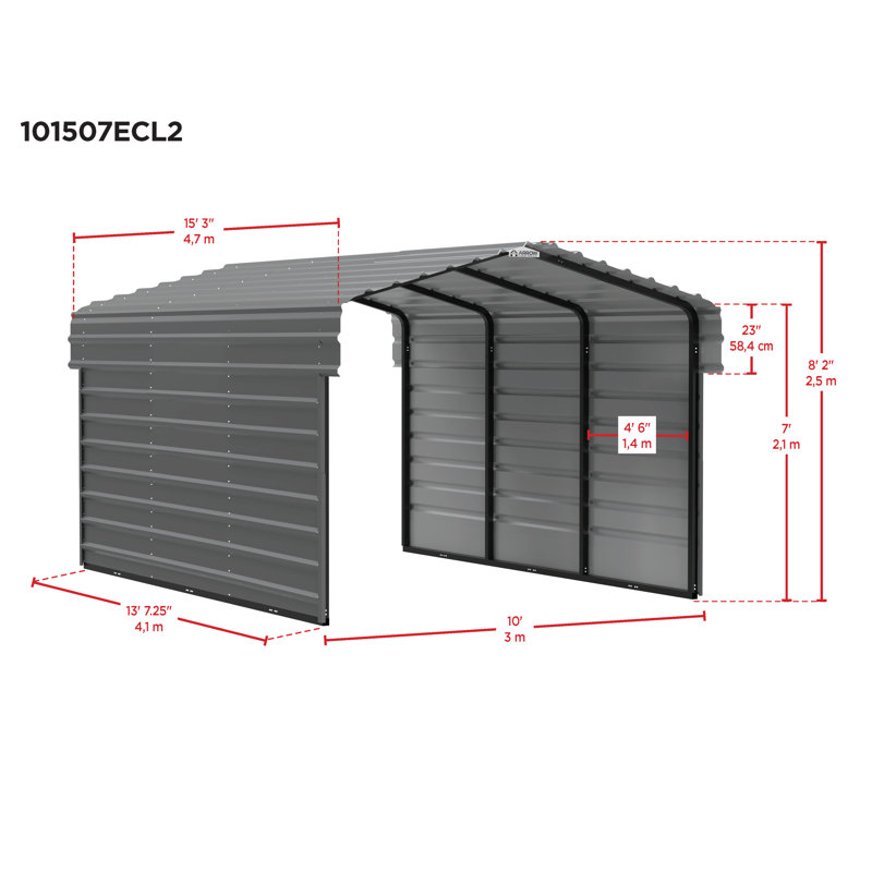 Charcoal Galvanized Steel Carport with 2-Sided Enclosure, 10' x 15' x 7'