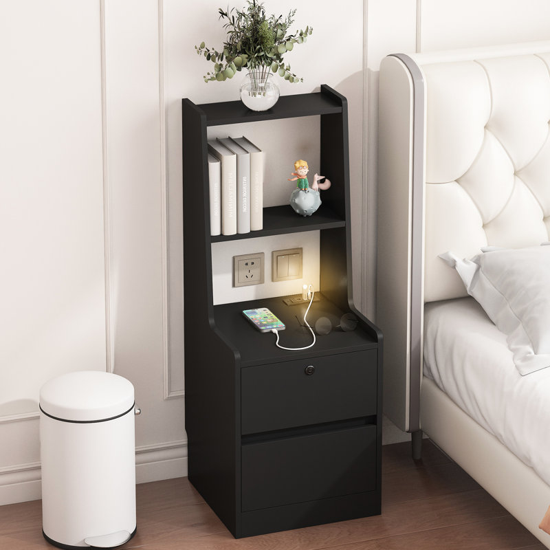 Table de chevet noire avec rangement et nuit à DEL: station de recharge pratique, finition pour
