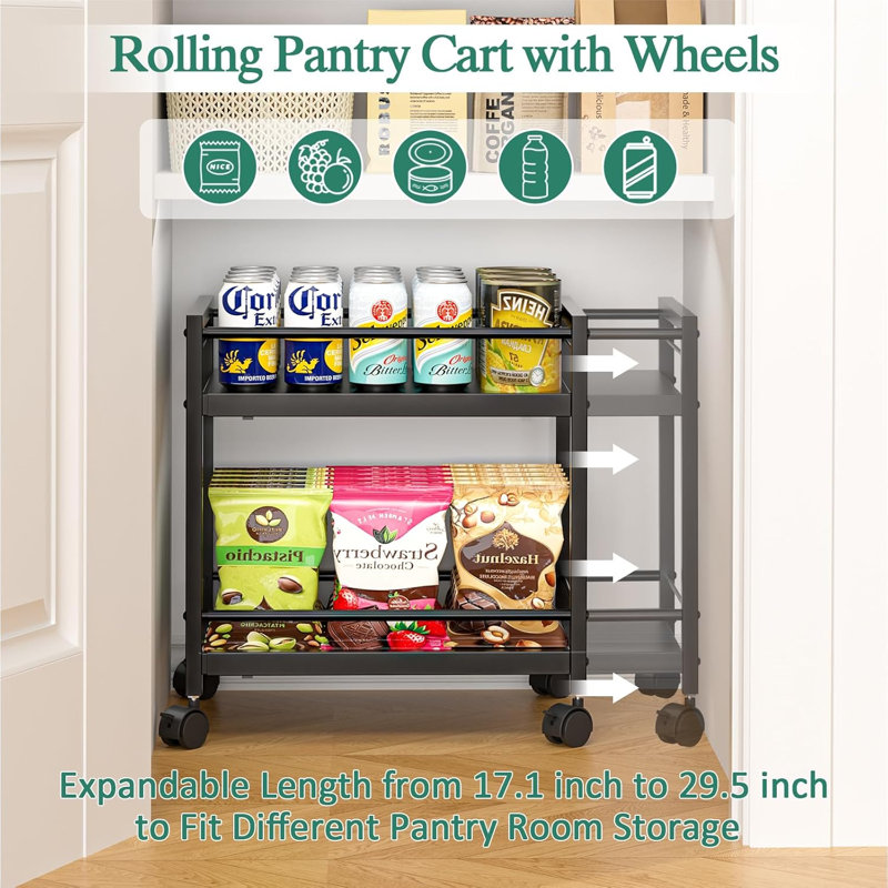 Chariot-garde-manger sur roulettes extensible à 2 niveaux avec roues, organisateur de plancher réglable, noir