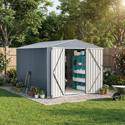 Remise de rangement extérieure en métal 8 x 12 pi avec structure robuste, toit incliné, ventilation et porte verrouillable pour les outils