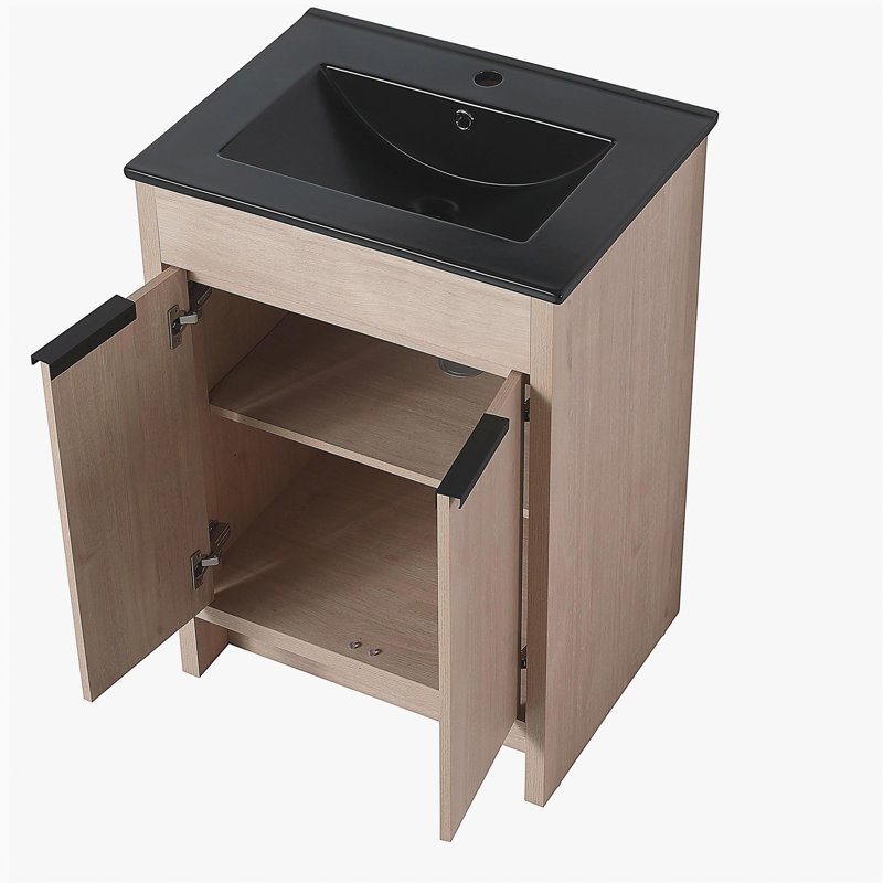 Coiffeuse de salle de bain indépendante de 24 pouces avec lavabo en céramique noire et 2 portes d'armoire à fermeture en douceur
