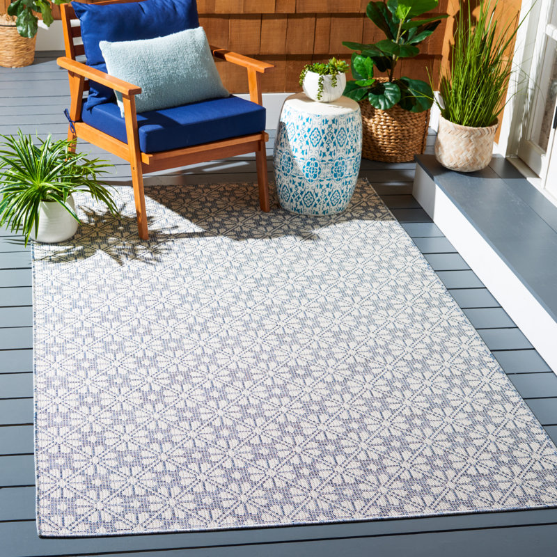 Navy and Ivory Geometric Synthetic Square Rug