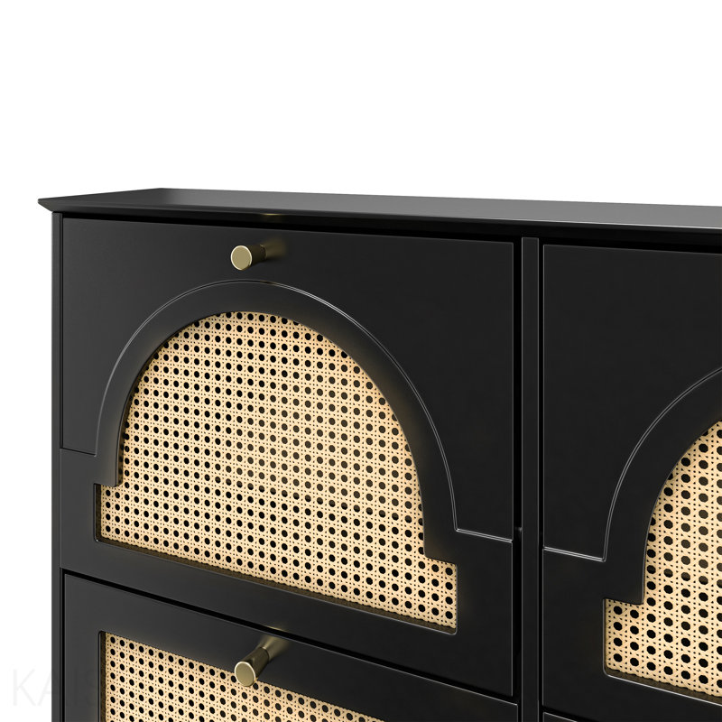 Mid-Century Shoe Storage Cabinet With 4 Flip Drawers, Elegant Entryway Shoe Organizer With 4 Rattan Doors, Freestanding Shoe Rack With 2 Silvery Hooks