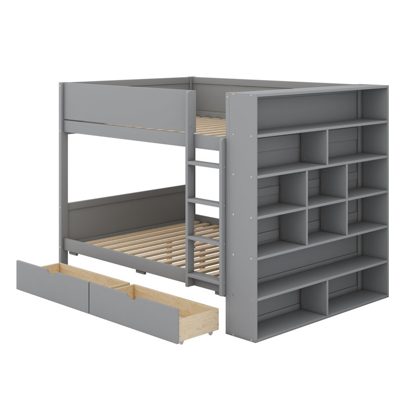 Lit superposé avec 2 tiroirs et tablettes, Gris, Double