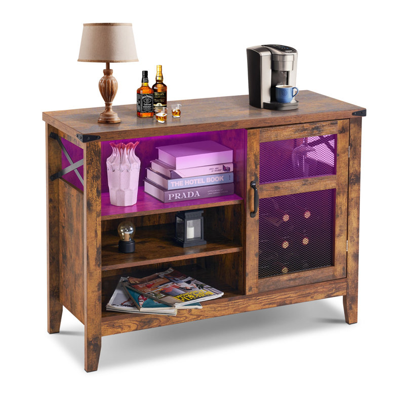 Armoire à vin de conception industrielle avec support à vin de rangement, 6 lumières DEL de couleur, Brun