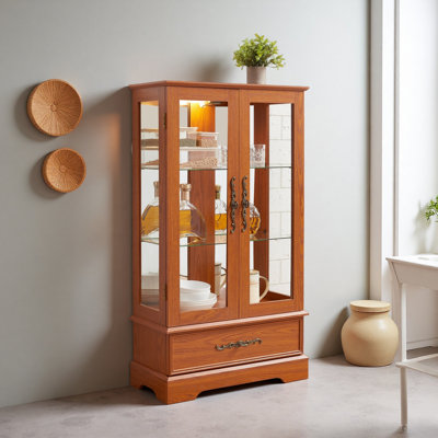 Glass Cabinet Lighted Glass Cabinet Curio Display Cabinet With Adjustable Glass Shelves 2 Doors And 1 Drawer Cabinet Bulb Included