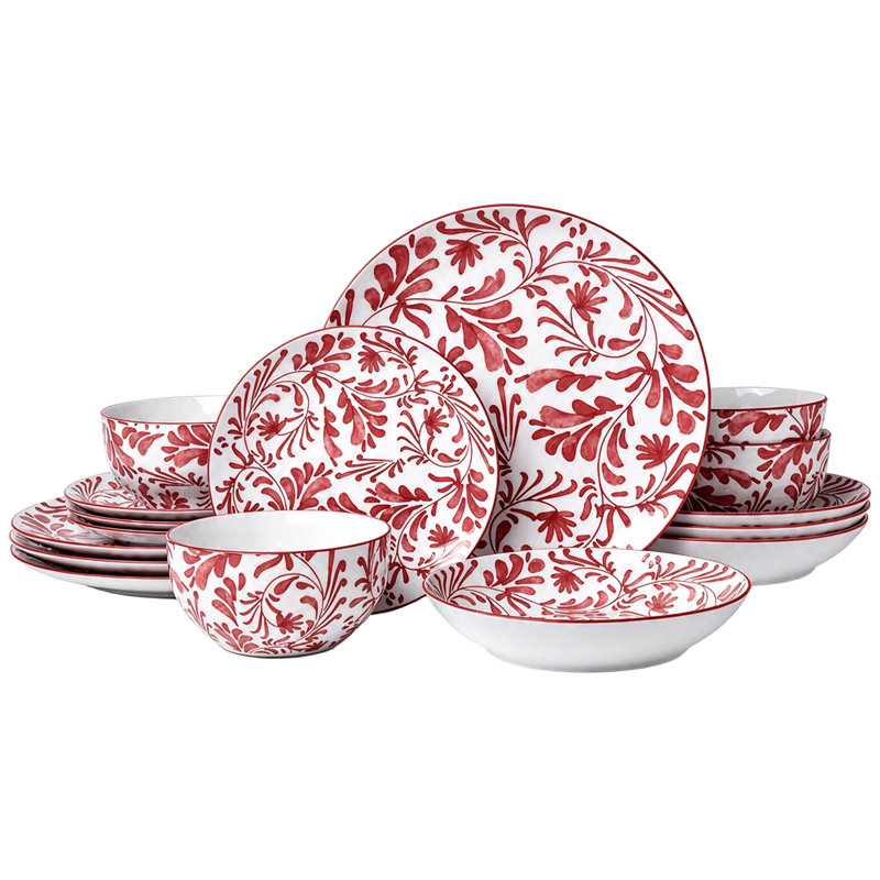 16-Piece Porcelain Dinnerware Set, Blue, Green and Red Floral Plates Bowl Set, Service for 4