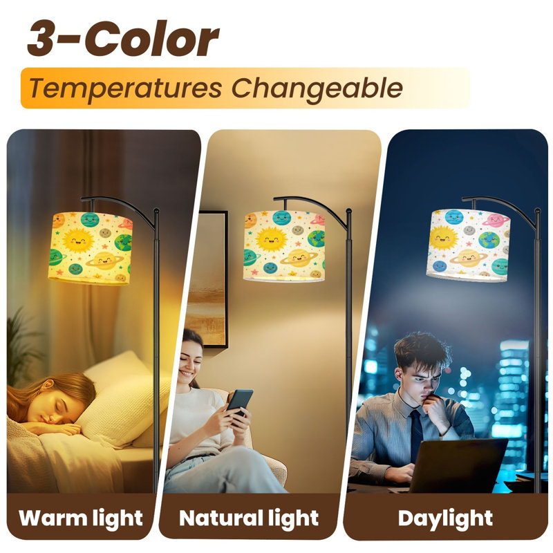  Arc Floor Lamp Space Seamless Planets Solar System Sun Meteorite Stars Doodle Cartoon Tall Modern Standing Lamp LED Adjustable Linen Lampshade 3 Color Temperatures
