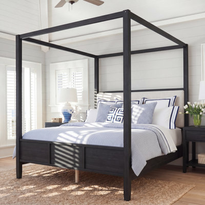 Très grand lit plateforme à baldaquin en bois avec tête de lit tapissier, sans sommier tapissier, noir
