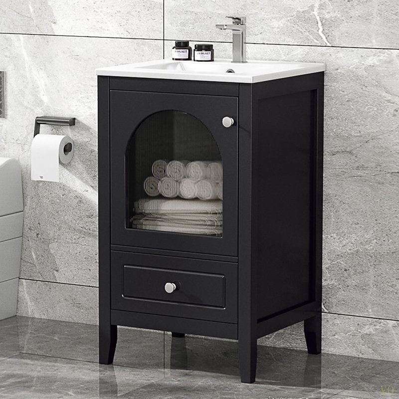 Meuble-lavabo de 20 po avec lavabo, armoire de salle de bain avec porte en verre à fermeture douce, tiroir, Noir