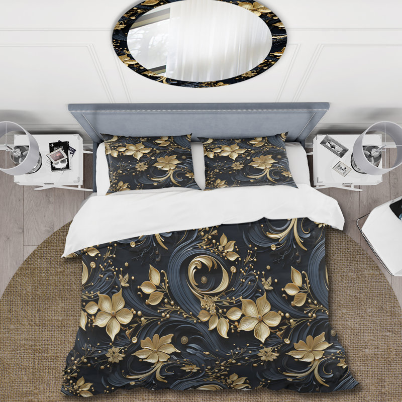 Ensemble de housse de couette à motif cachemire doré et noir Paisley, Housse de couette simple + 1 taie décorative stan