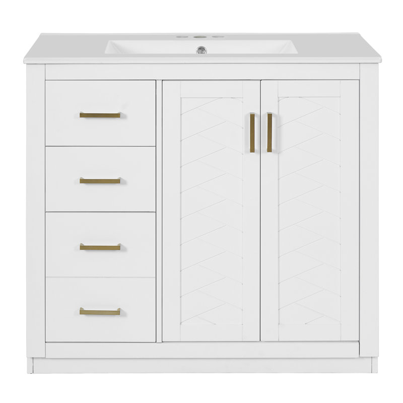 Meuble-lavabo 36 po avec lavabo en céramique, Blanc, Doré