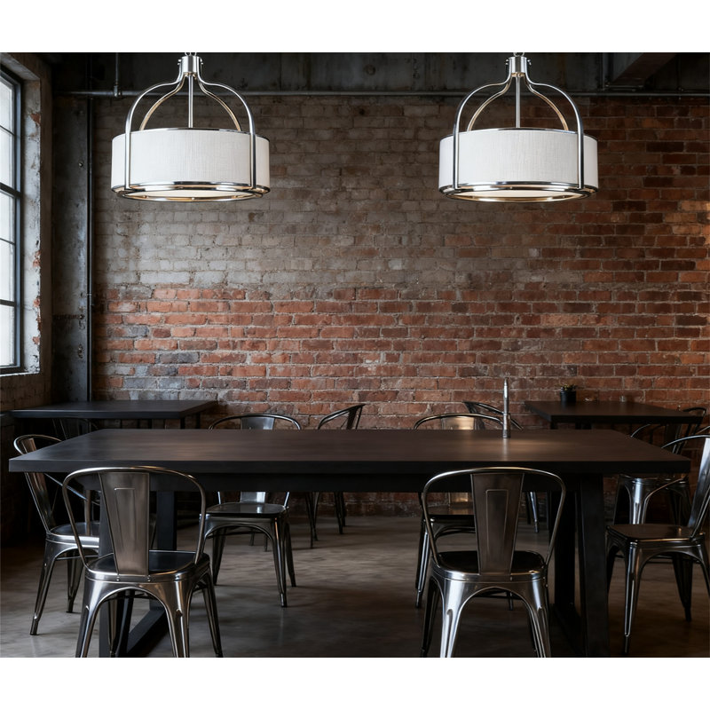 Lustre tambour 5 lumières en nickel brossé avec abat-jour en tissu blanc, luminaire suspendu moderne à cage ouverte pour salle à manger, cuisine, salon, chambre à coucher, vestibule