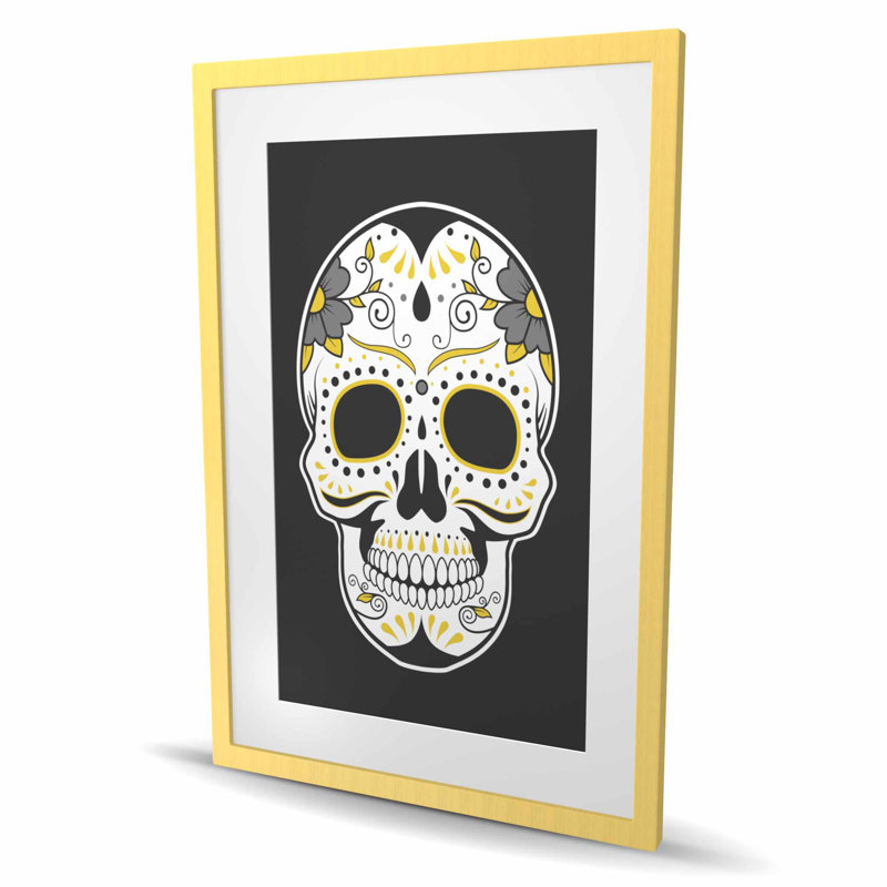 Tête de mort mexicain, reproduction encadrée pour la décoration intérieure, Doré
