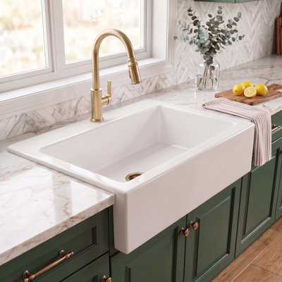 Parker White Fireclay 34" Single Bowl Quick-Fit Farmhouse Apron Front Drop-in Kitchen Sink