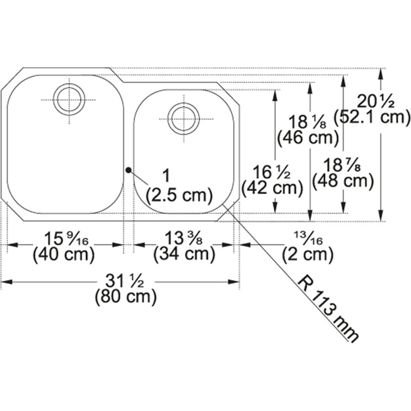 32" L x 20" W Undermount Double Basin Kitchen Sink