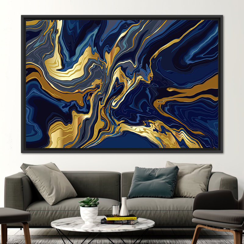 Abstract Marble Canvas Artwork - Modern Shimmery Wall Poster, 20 cm H x 30 cm W, Black, Framed Print without Mat
