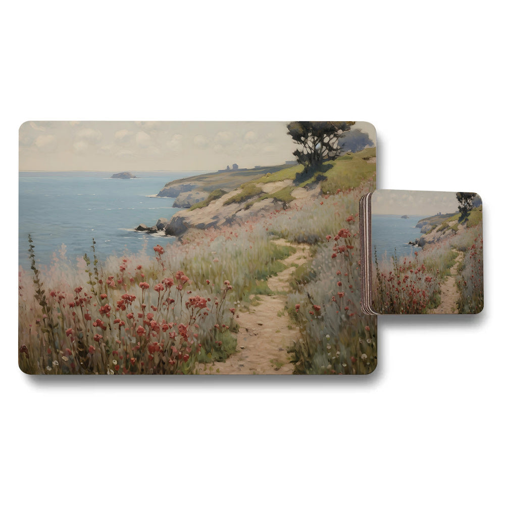 Coastal Landscape Placemat And Coaster Set With Seaside Path Artwork
