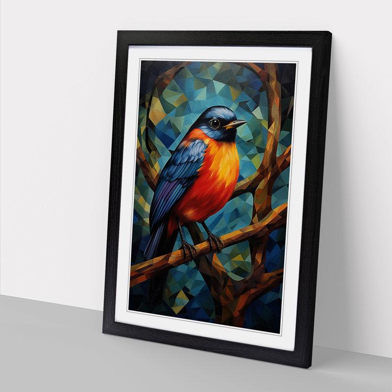 Robin Bird Orphism - Single Picture Frame Print on Wood, Black Framed, 46cm H x 34cm W x 2cm D
