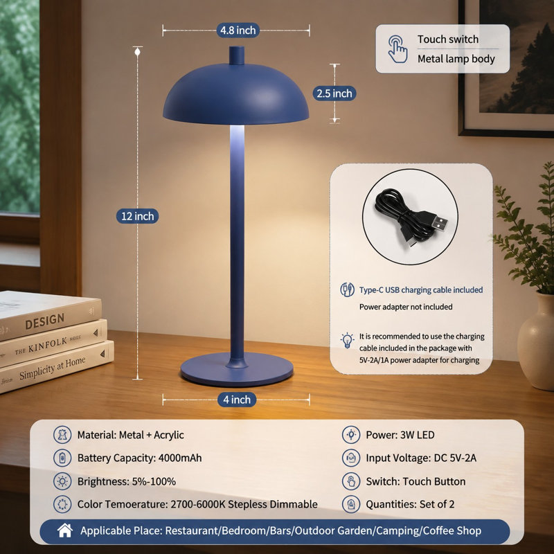 Lot de 2 lampes de bureau portatives modernes sans fil bleues de 30 cm (12 po)