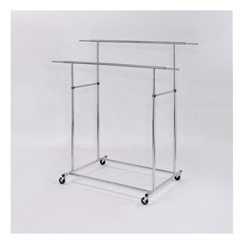Portant à vêtements industriel à double barre réglable de 165 cm avec roulettes, en métal chromé, idéal pour le commerce de détail et l'organisation à domicile.