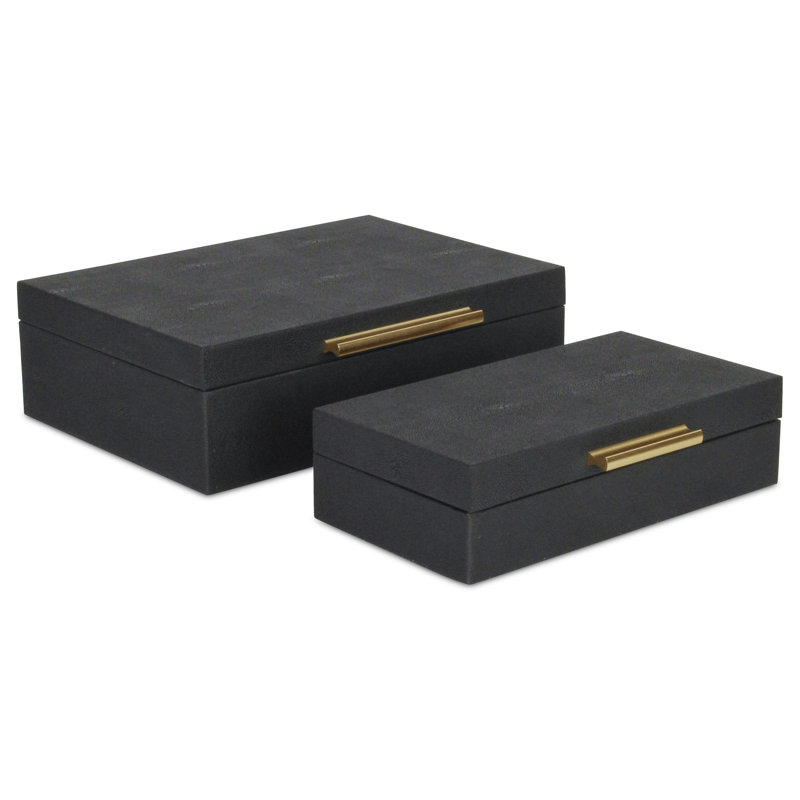 Lusan Rectangular Decorative Box Set - Black Faux Shagreen, Black