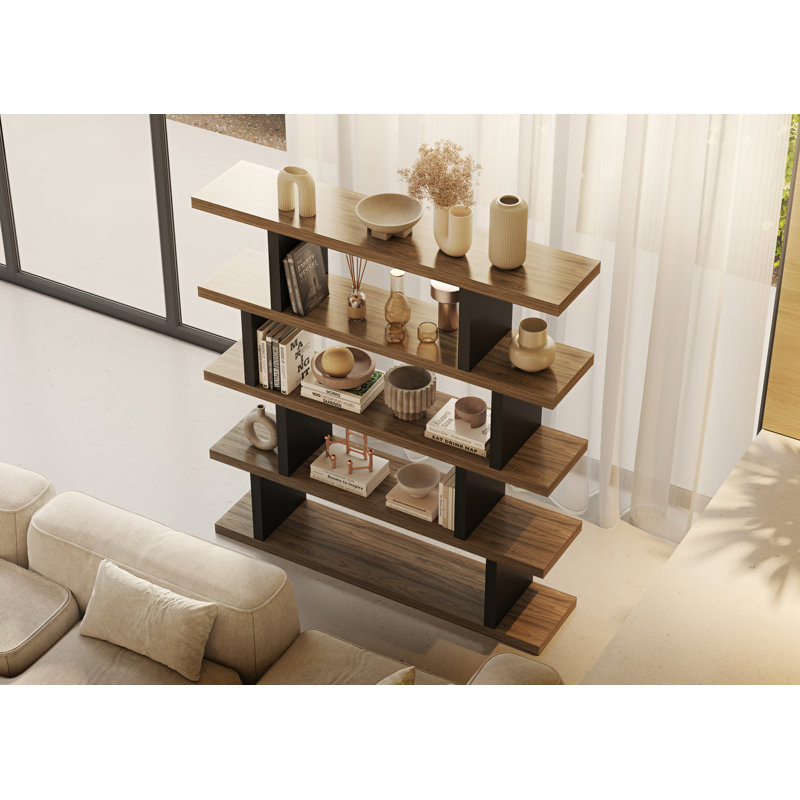 Shanean 171.8cm H x 162.60cm W Standard Bookcase, Walnut/Pure Black